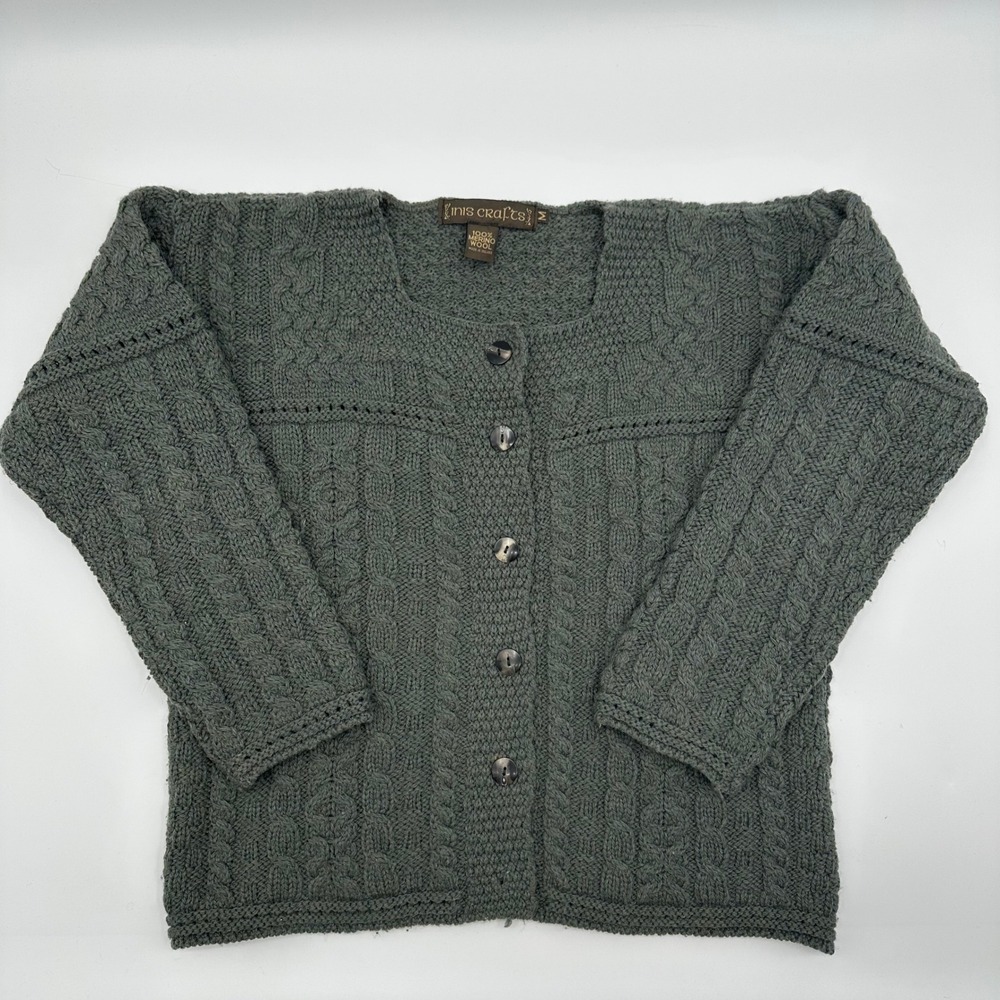 Inis Crafts Merino Wool Cable Knit Cardigan Sweater Green Ireland Womens Medium